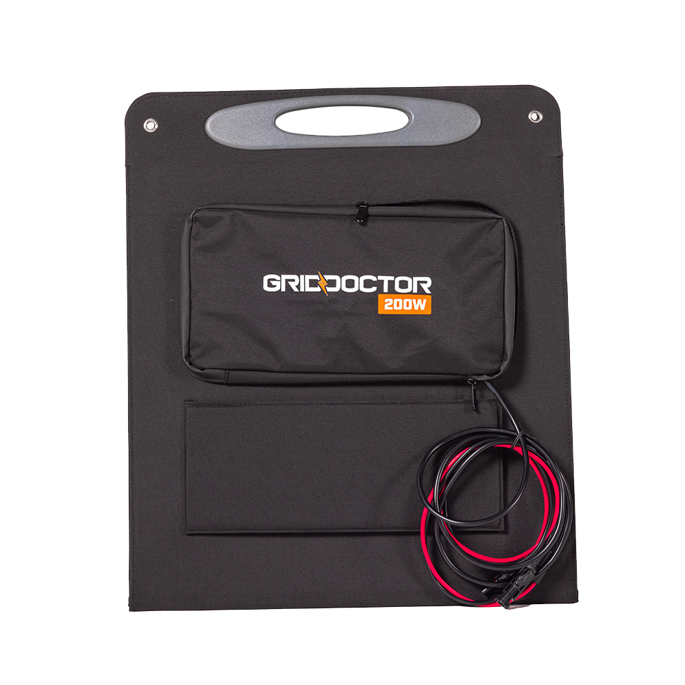 Grid Doctor 200W Solar Panel Kit's durable and protective carrying case, an essential accessory for safe storage and transport of the foldable solar panel.