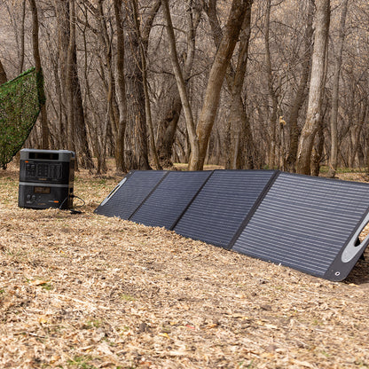 Single Grid Doctor 200W Solar Panel extended on a patch of fall grass, harnessing solar energy with its monocrystalline cells, demonstrating its outdoor usability during the autumn season.