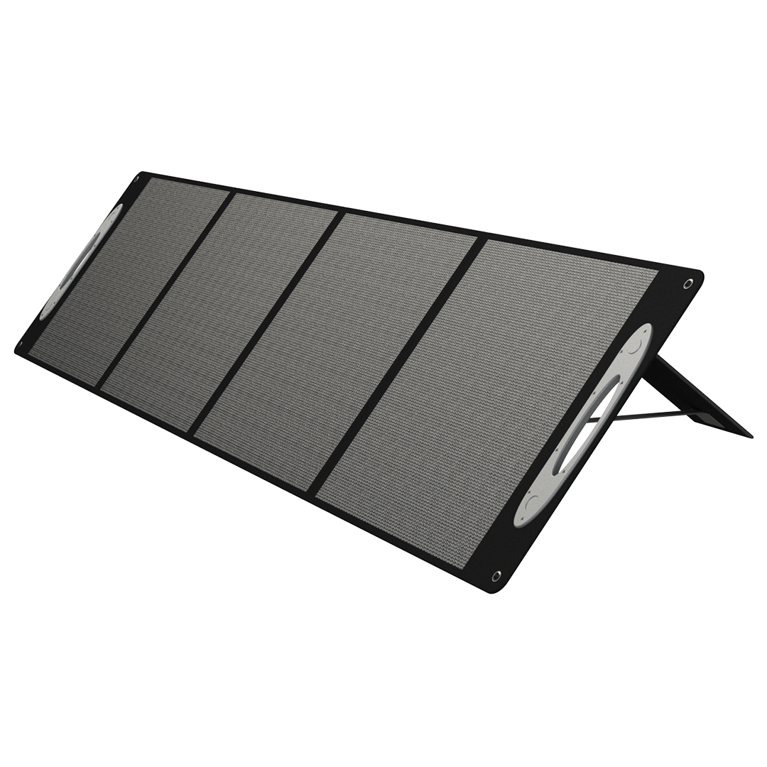 Grid Doctor 200W Solar Panel fully unfolded on a clean white background, showcasing its high-efficiency monocrystalline cells and versatile design for off-grid power.