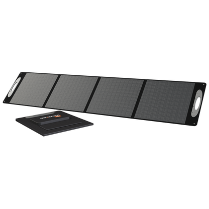 Grid Doctor 200W Solar Panel Kit positioned next to its durable carrying case, showcasing the convenient portability and protective storage solution for the foldable panel.