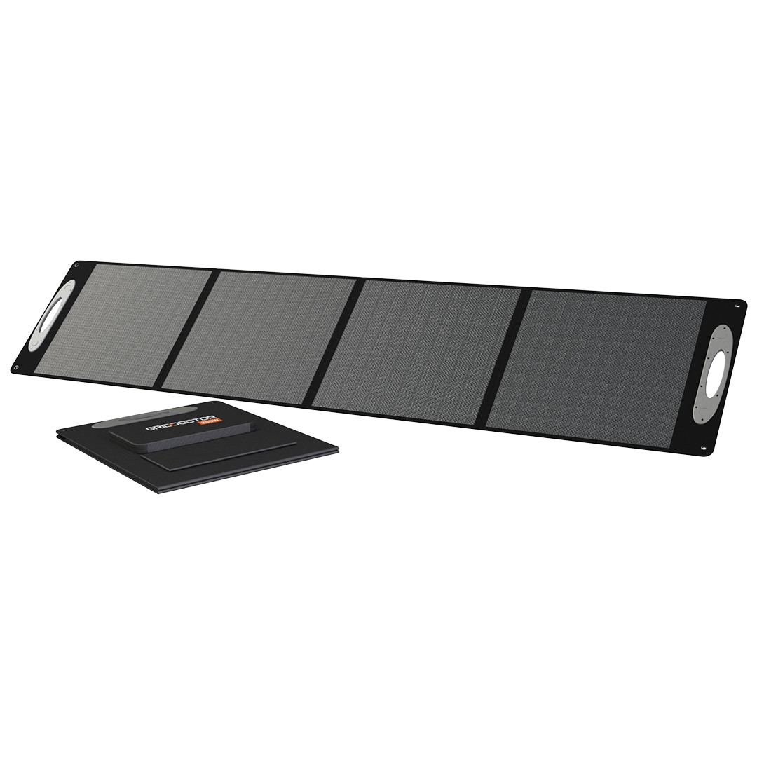 Grid Doctor 200W Solar Panel Kit positioned next to its durable carrying case, showcasing the convenient portability and protective storage solution for the foldable panel.