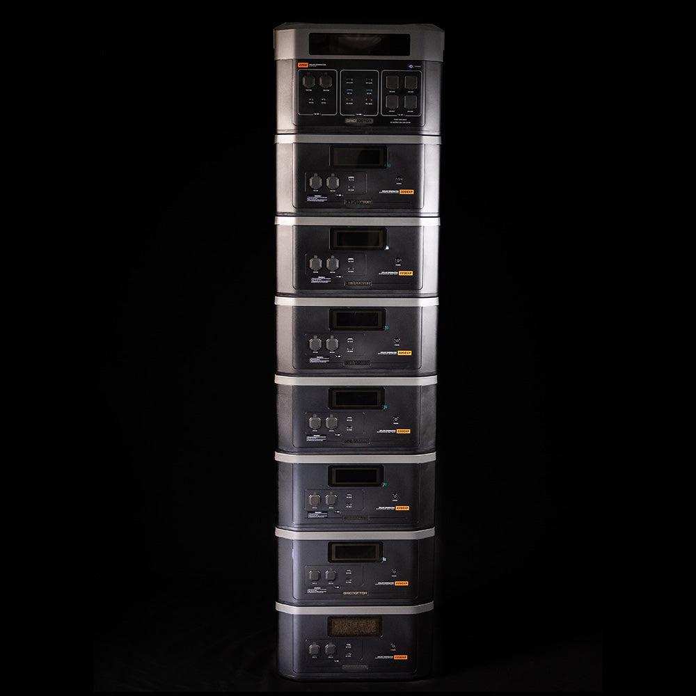Power tower configuration showcasing seven Grid Doctor 2200XP batteries stacked and connected to a central Grid Doctor 2200 battery for maximum energy storage.