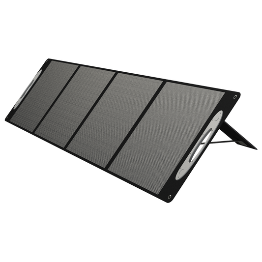 Grid Doctor 200W Solar Panel fully unfolded on a clean white background, showcasing its high-efficiency monocrystalline cells and versatile design for off-grid power.